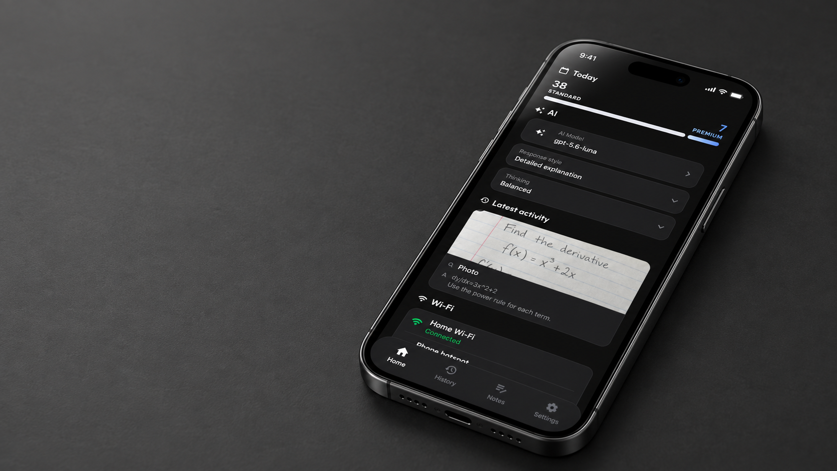 Illustration of the CalcAI Home screen on an angled iPhone, showing AI settings, recent activity and Wi-Fi