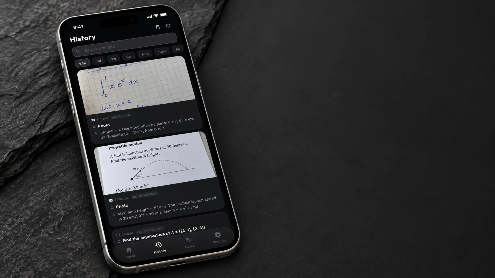 New iPhone scene using a fresh CalcAI History capture with integration by parts and projectile-motion examples