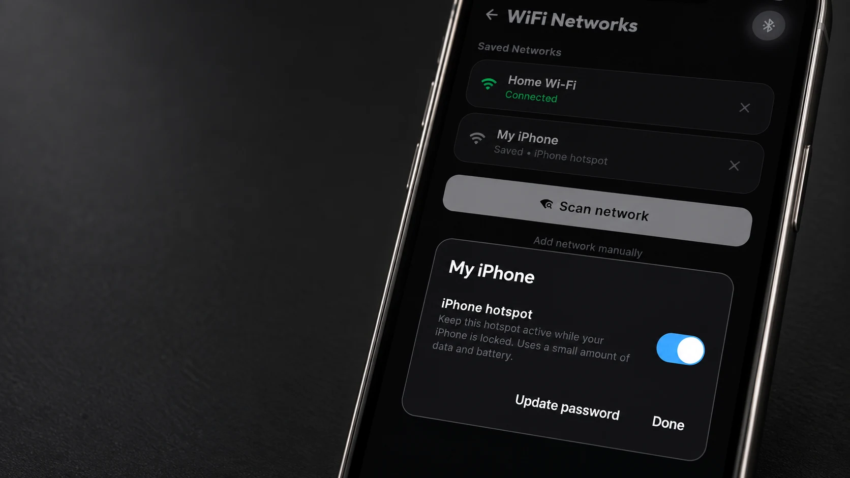 Close-up of the CalcAI app's iPhone hotspot setting enabled for a sample saved network