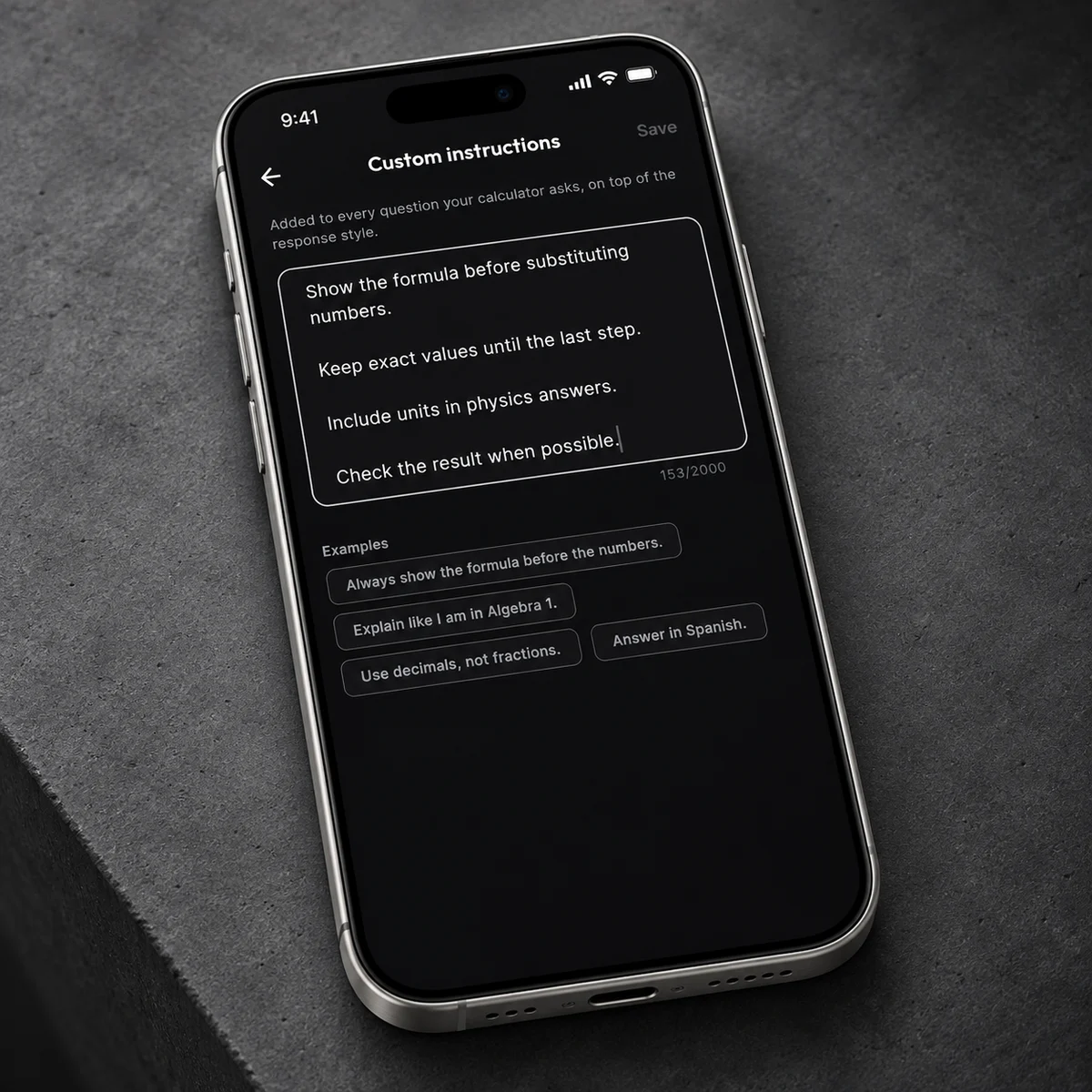 New iPhone scene using the app's actual Custom instructions screen with sample preferences for formulas, exact values and units