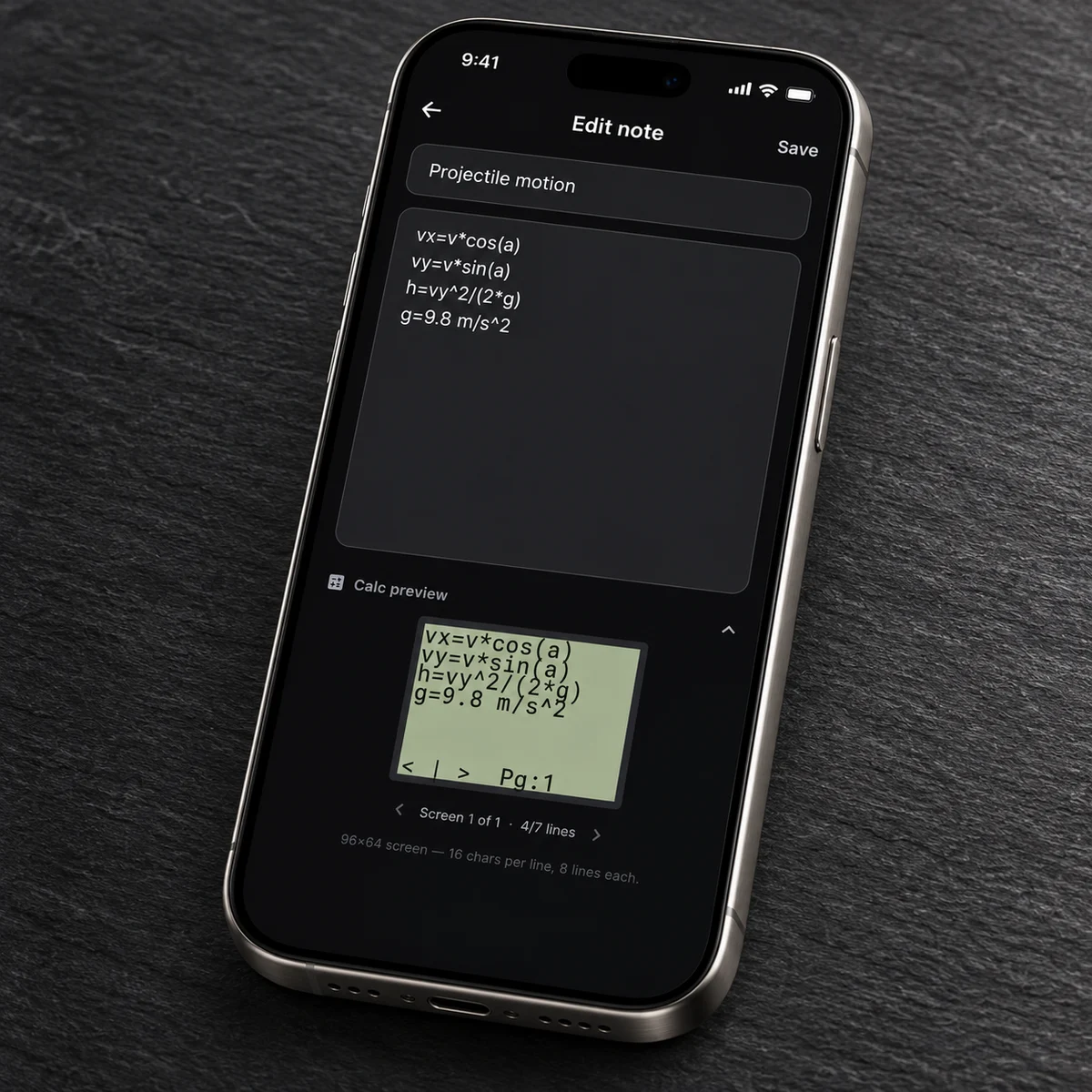 New iPhone scene using a fresh note-editor capture, with projectile-motion formulas and the calculator screen preview