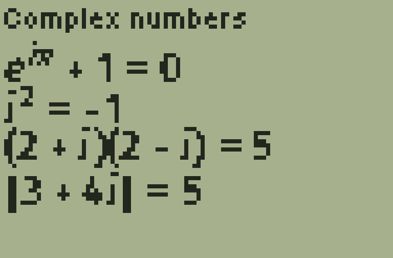 Complex numbers, rendered TI-84 screen, page 1