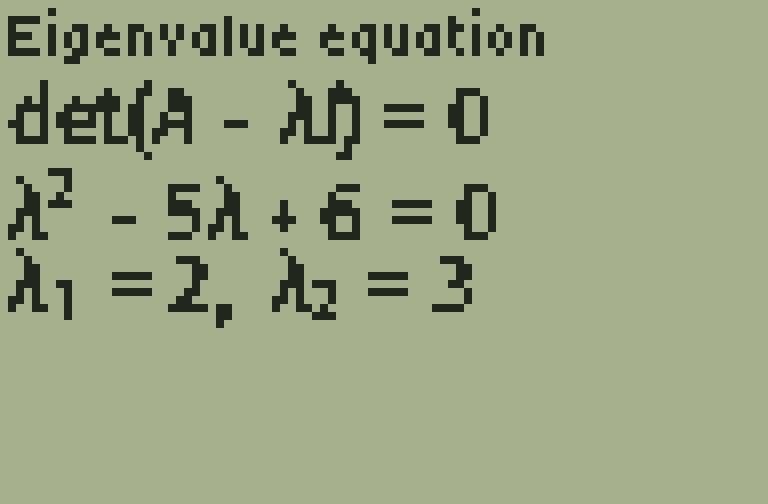 Eigenvalues, rendered TI-84 screen, page 1
