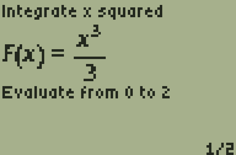 Integrals, rendered TI-84 screen, page 1