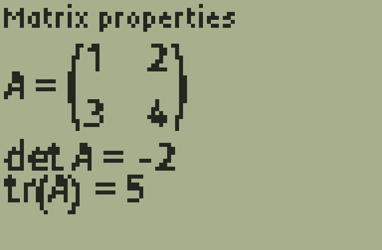 Matrices, rendered TI-84 screen, page 1