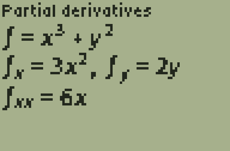 Partial derivatives, rendered TI-84 screen, page 1