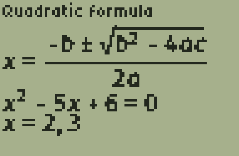 Quadratics, rendered TI-84 screen, page 1